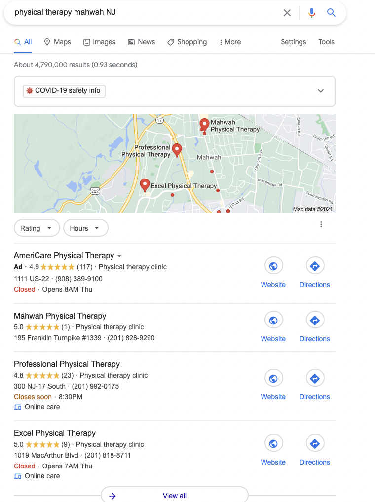 Google Local Pack Ad Example for Physical Therapy Marketing